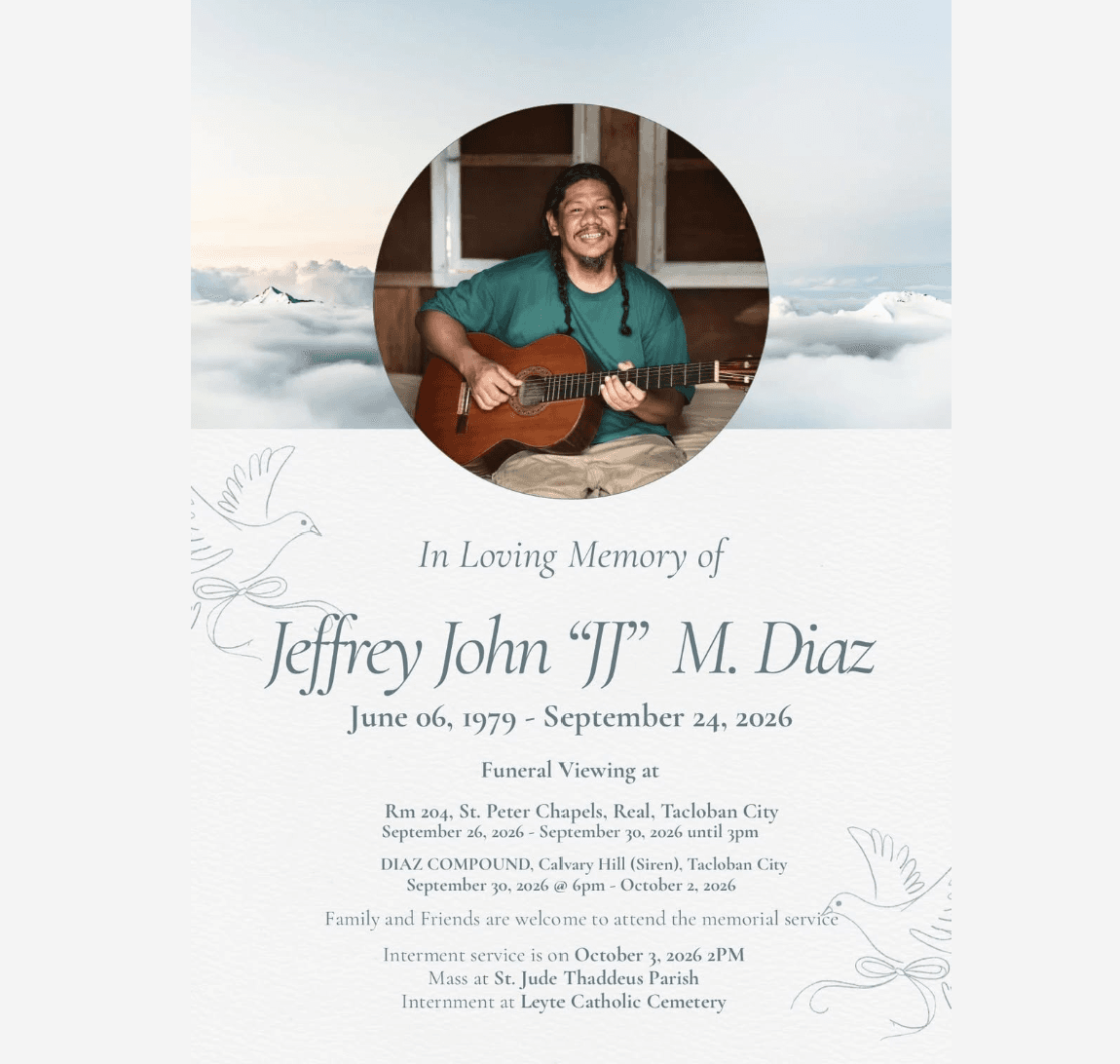 Memorial portrait of Jeffrey John “JJ” M. Diaz smiling while holding a guitar
