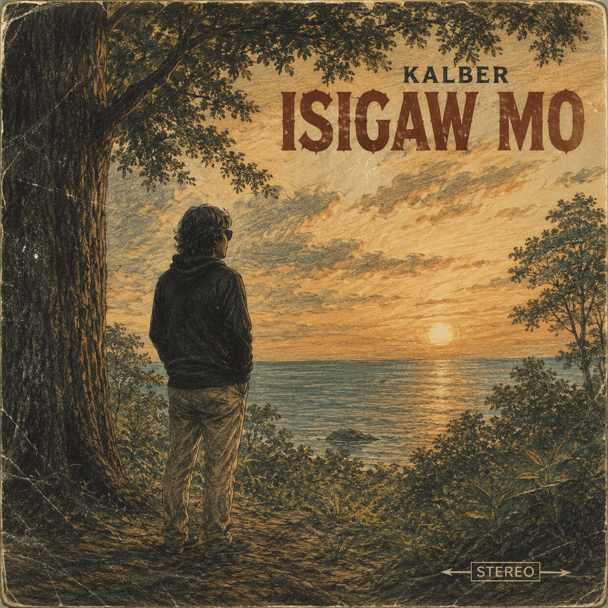 Album cover for Isigaw Mo by Kalber, showing a person standing beneath a large tree, looking out over the ocean at sunset