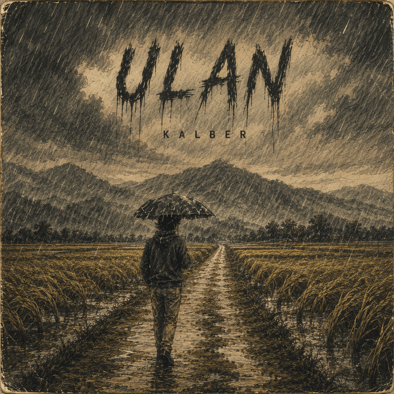 Album cover for Ulan by Kalber, showing a solitary figure holding an umbrella and walking along a path through rain-soaked rice fields, with mountains and storm clouds in the background